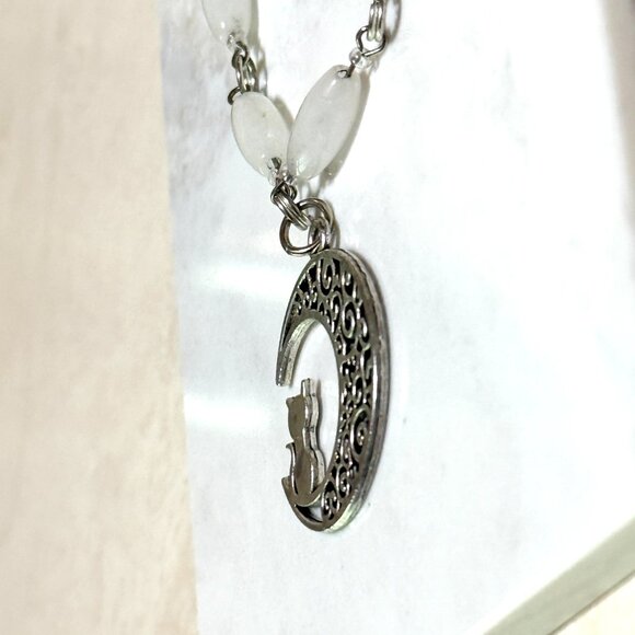 Genuine Milky Quartz Short Necklace, Natural Gemstone w/ Cat on the Moon Pendant - Picture 6 of 15
